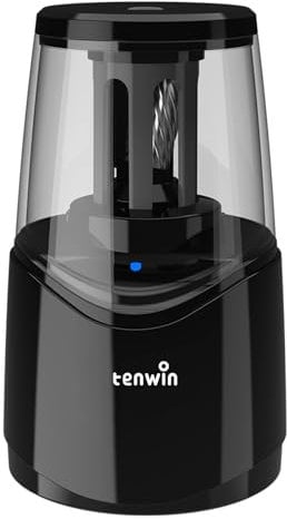 tenwin Rechargeable Electric Pencil Sharpener with Durable Helical Blade to Fast Sharpen, Auto Stop Sharpener for 6-8mm Pencils & Colored Pencils, USB Cable, Suitable for School, Office, Home (Black)