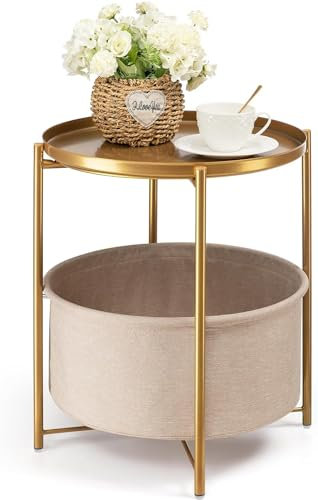danpinera Beistelltisch Rund mit Aufbewahrungskorb aus Stoff, Metall, Beistelltisch klein Kleiner Nachttisch mit abnehmbarem Tablett für Wohnzimmer, Schlafzimmer, Kinderzimmer, Wäsche, Gold