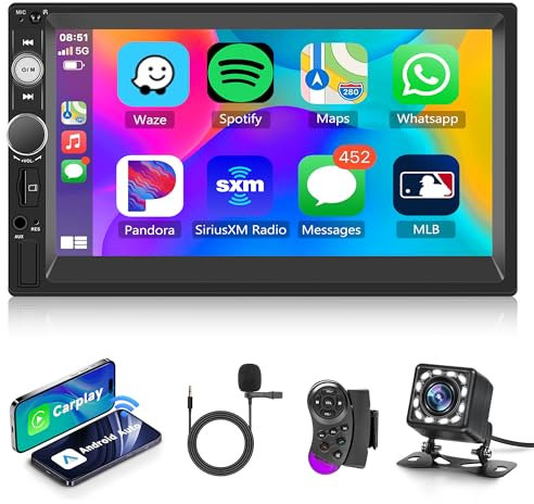 Rimoody sans Fil Carplay Autoradio 2 Din 7 Pouces Écran Tactile Autoradio avec Android Auto Bluetooth Mains Libres Mirror Link Bluetooth FM Radio USB/TF/AUX Commandes au Volant + Caméra de Recul