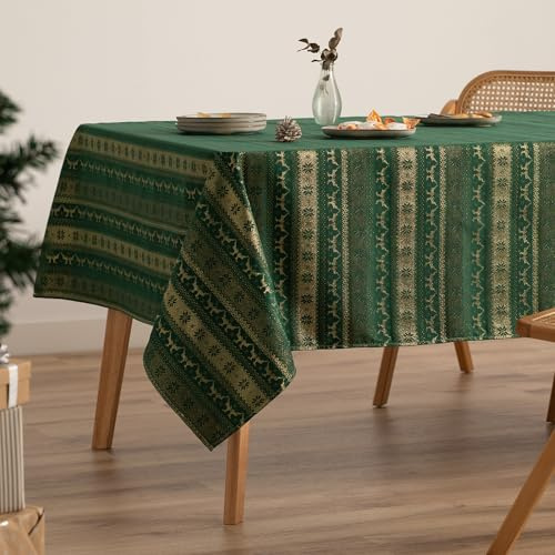 GAMUSI Tischdecke für Weihnachten, Jacquard, Goldgarn, Esstisch, rechteckig, Weihnachtsdekoration, 140 x 200 cm, Grün