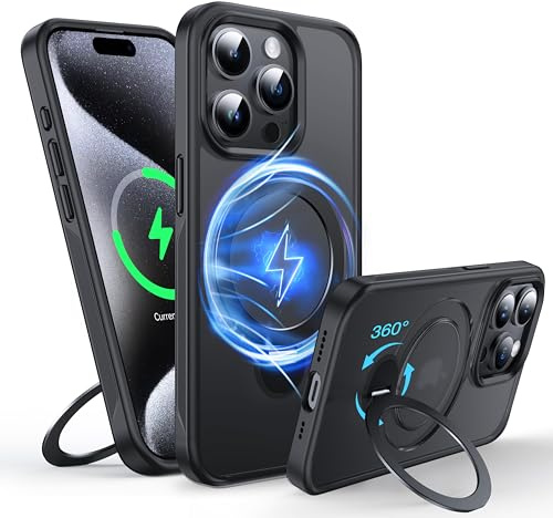 FNDMIL 360°Drehbarer Magnetisch für iPhone 15 Pro Hülle mit MagSafe [Rutschfester Textur][Unsichtbarer Ständer][Militär Schutz]Translucent Matt Hardcase mit Silikon für iPhone 15 Pro Case Dünn Schwarz