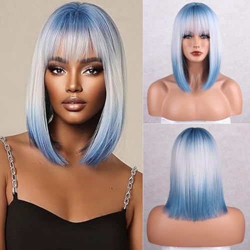 Fulang Hair Ombre Blau Blond Perücken Mit Pony Kurze Glatte Blau Perücke Damen, Schulter Lange Bob Perücken Mit Pony, Natürliche Haare Synthetische Perücke Für Den Täglichen Gebrauch (Blau)
