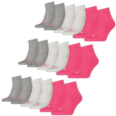 PUMA unisex Quarter Sportsocken Kurzsocken Socken 9 Paar, Farbe:Mehrfarbig, Menge:9 Paar (3x 3er Pack), Größe:39-42, Artikel:-656 middle grey melange/pink