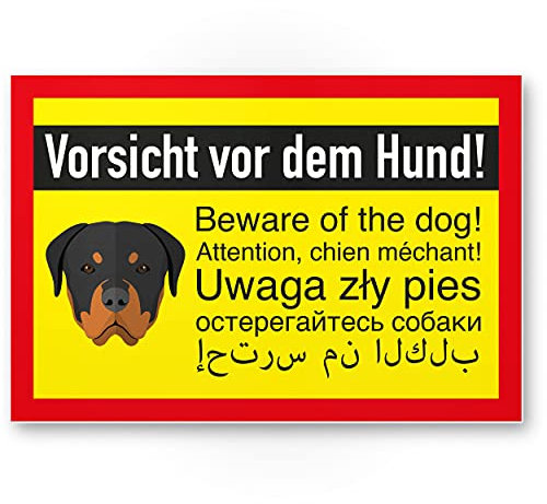 Komma Security Rottweiler Schild - Vorsicht vor dem Hund - Hunde Schild Hinweisschild Grundstück mehrsprachig - Warnschild Abschreckung Einbruchschutz - Achtung Rottweiler Hund