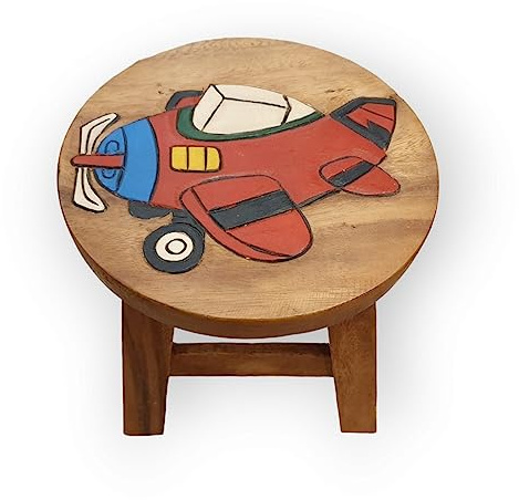 Kinaree Handgefertigter Kinder Hocker mit bunten Motiven - Massivholz Stuhl doppelt verstrebt (Flugzeug)