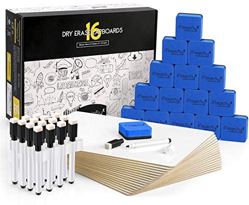 Magicfly 16 Pack Small Whiteboard Dry Erase Mini White Board 22 x 30cm, Double Sided Lapboard Bulk Portable Drawing Writing for Student, Teachers, Office with 16 Pens, 16 Erasers & 16 Pen Clips
