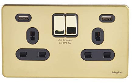 Schneider Electric GGBGU3424DBPB Ultimate Screwless Flat Plate, Switched Double Power Socket, with USB Charging Ports, Polished Brass with Black Insert, 13 A, 2 Gangs