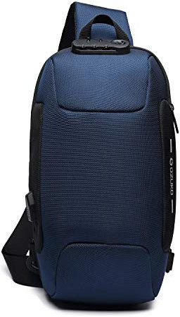 FANDARE Neu Brusttasche Diebstahlsicherung Sling Bag für 10,5 Zoll Tablet Herren Damen Schulranzen Umhängetasche mit USB-Ladeanschluss Daypacks für Schule Abenteuer Reisen Joggen Sporttasche Blau A