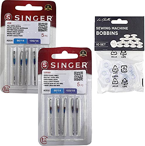 La Canilla Singer Pack de 2 Paquetes de Agujas Universales para Coser Tejanos y Cuero 2026, y 2032 Sistema 130/705 H (Plano de un Lado) H-J y H-LL Plástico