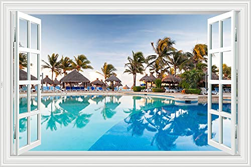 Lichi Adhesivo mural 3D para ventana falsa de playa, paisaje con vista de árbol de coco con piscina junto al mar
