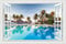 Lichi Adhesivo mural 3D para ventana falsa de playa, paisaje con vista de árbol de coco con piscina junto al mar