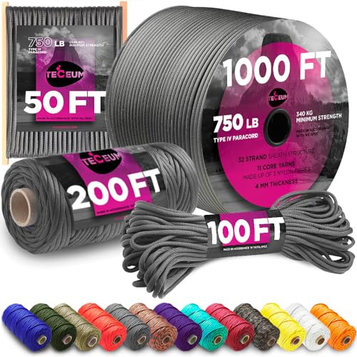 TECEUM Paracord 750lb Dunkelgrau (Dark Grey) – 30 m– 4 mm – Nylon – Robuste Taktische Fallschirmschnur nach MIL-SPEC – Survival-Seil für Notfälle – EDC, Camping, Wander Ausrüstun (100 ft) 030a