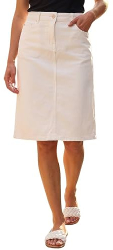 Roman Denim Skirt with Pockets for Women UK - Ladies Jean Skirts Cotton Stretch Mid Wash Fitted A Line Casual Smart Work Office Knee Length Flattering Slimming - Size 18 - White