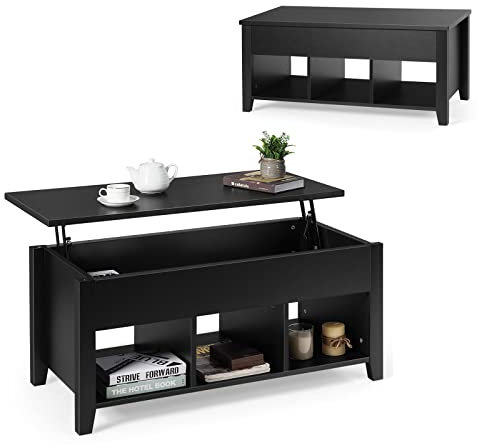 RELAX4LIFE Couchtisch mit höhenverstellbarer Platte, Kaffeetisch Holz, Sofatisch mit Mehreren Stauräumen, Beistelltisch Retro-Stil, wasserdicht & stabil, für Wohnzimmer Schlafzimmer Büro (Schwarz)