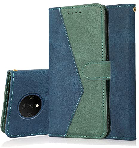 Radoo Kompatibel mit OnePlus 7T Hülle, Premium PU Leder Tasche Case Klappbar Handyhülle mit [Kartenfach] [Magnet] Cover Flip Case 360 Grad Rundum Komplett-Schutz Klapphülle (Blau Grün)