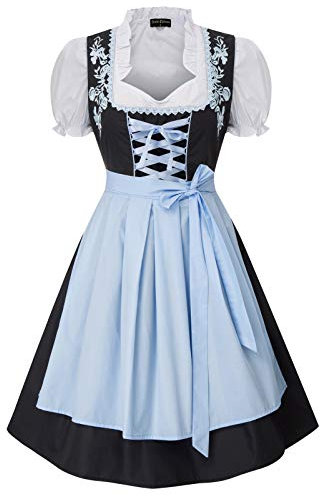 SCARLET DARKNESS 3pc-Set Costumes Oktoberfest Dirndl For German Bavarian Dress Outfit Women L Black Dress+Light Blue Plaid Apron 2116-1