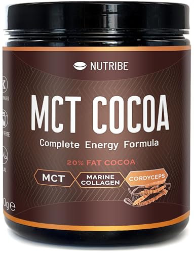 Nutribe MCT Kakao 20% Fett, Collagen Peptide Typ 1 + Cordyceps, lecker, appetitzügler für Keto Diät, Intervallfasten