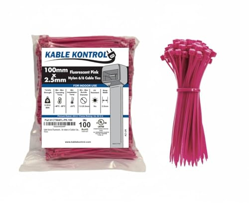 Kable Kontrol Fluorescent Pink Cable Ties, 100 mm x 2.5 mm, Pack of 100, 4 Premium Nylon Zip Ties, Multi-Purpose Plastic Tie Wraps, Secure Self-Locking Mechanism, for Home, Garden, Office and DIY | Nylon Plastic, Self Locking, UL Listed, Indoor Use