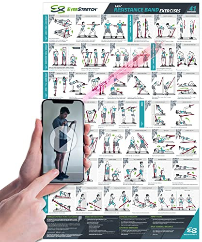 EverStretch Resistance Band Poster for Home Gym - with Video Instructions - Large 23 x 35 | Laminated Workout Chart | Resistance Band Workout Posters for Home Gym | Total Body Exercise Posters