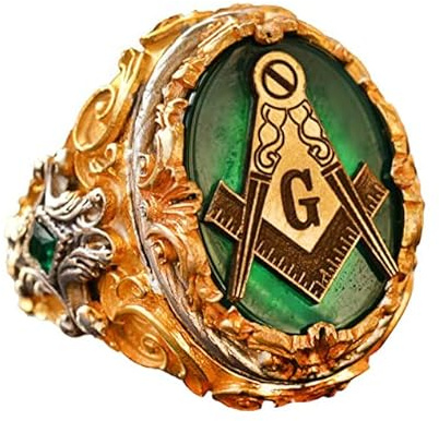 KAMBO Free Mason Ring, Golden Mystery, Freimaurer-Schmuck, Meistermaurer-Band, Gothic-Ring, 925er Sterlingsilber, Silberbronze, Achat, 925er-Sterlingsilber, Bronze, Holz, Jade
