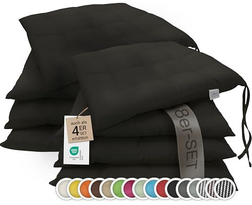 ZOLLNER 8er Set Sitzkissen in 40x40cm - gemütliche Stuhlkissen mit Bindebänder - waschbar bis 30°C - in schwarz - Oeko Tex® Zertifiziert