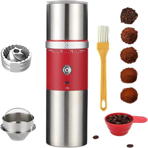 Portable Electric Conical Burr Coffee Grinders, Spice Grinder Electric, Bean Grinder,USB Rechargeable Coffee Maker Stainless Steel Coffee Bean Machine with 15 Fine to Coarse Grind Settings (Red)