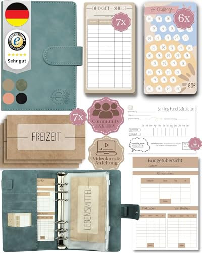 BeginnerBudget® Budget Planner Deutsch - Starterset mit Sparchallenge Budgetplaner - Sparen mit Umschlagmethode + Anleitung - Ringbuch A6 - Binder A6 Wildleder-Style (Hellblau)