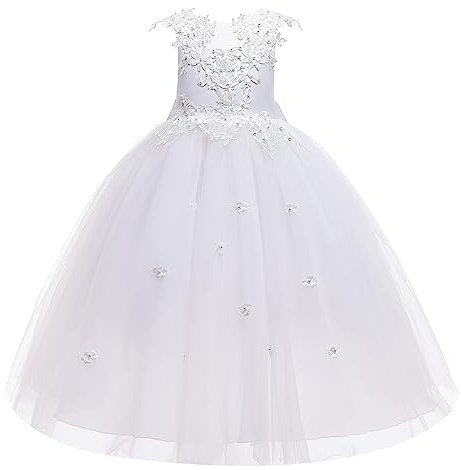LOLANTA Robe Fille Ceremonie Mariage, Tenue Demoiselle d'honneur Fille, Robe Rose/Blanc/Bleu en Tulle pour Enfants, 8-9 Ans, Blanc, Tag 140