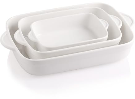Sweejar Casserole Dishes for Oven, Ceramic Bakeware Set of 3, Lasagna Pan Deep with Handle, Rectangular Baking Pan Set, 9x13 Baking Dish for Cooking, Banquet and Daily Use (White)