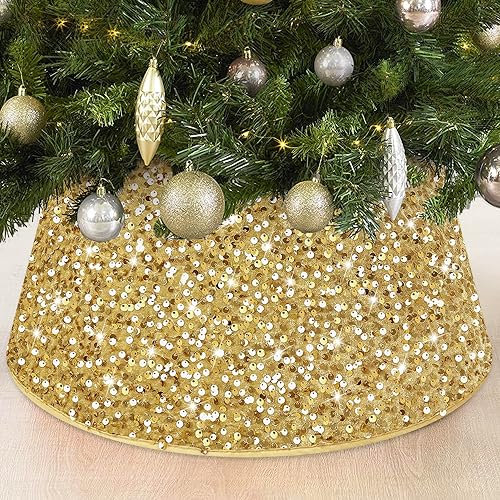 FOTSHARER Gold Christmas Tree Collar 23.6 Inch Sequin Christmas Tree Skirt Tree Ring Glitter for Fall Holiday Party Thick Velvet Tree Stand Base Rustic Xmas Tree Cover Skirt Christmas Ceremony Decor