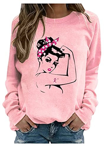 YESOK 2023 Cancer du Sein Octobre Rose T-Shirt Ruban Rose de Sensibilisation Pas Cher Femme Grande Taille Sexy Pull Col Rond Sweat