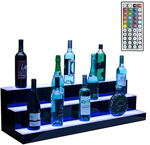 40Inch 3-Step LED Lighted Bar Shelf Display Liquor Bottle Alcohol Whiskey Shelves Rack Stand Tray for Home Bar Living Room Accessories and Decor
