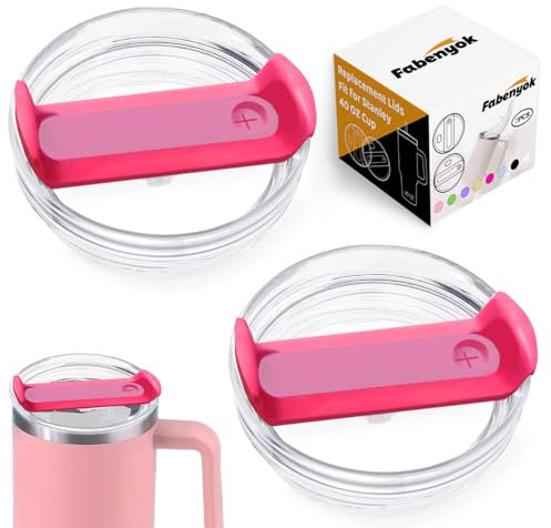 Fabenyok 40 OZ Stanley Cup Lid Replacement, 2 Pack Clear Spill Proof Covers for Travel Tumbler Accessories (Clear - Hot Pink)