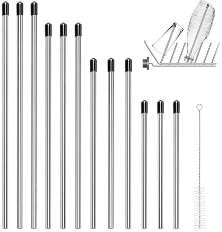 Scettar 12 Stk Edelstahl Flaschenhalter für Spülmaschine, 15/18/21/24cm Sodastream Flaschenhalter, Geschirrspüler Glashalter Mit Strohbürste für Gängigen Spülmaschine Geschirrkorb