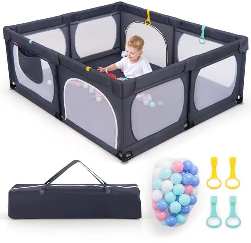 GOPLUS 189x158 cm Laufstall Baby, Laufgitter mit atmungsaktiver Netz, 4 Reißverschlusstür, Tragetasche, 50 Bällen, 4 Haltegriffen, Schutzgitter für Baby 0-3 Jahren (Ohne Matratze,Dunkelgrau)