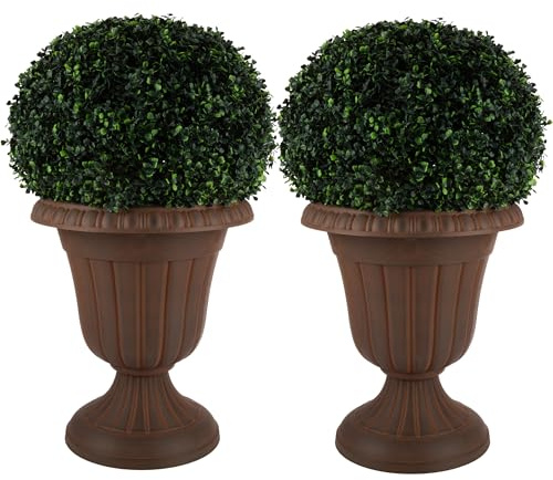 Pure Garden Outdoor Planter 2-Pack - 16x18-Inch Urn Planters - Plastic Plant Pots for Indoor, Outdoor, or Front Porch Decor - Flower Pots (Brown)