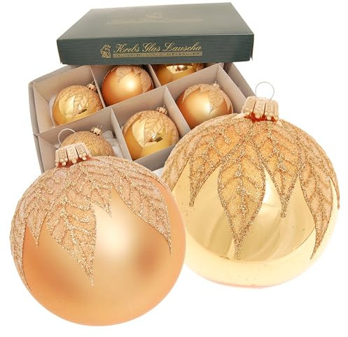 Krebs Glas Lauscha - Weihnachtsdekoration/Christbaumschmuck aus Glas - Kugel Satin Goldene Blätter - Farbe: Gold Glanz - Menge: 6 Stück - Größe: ca. 8 cm