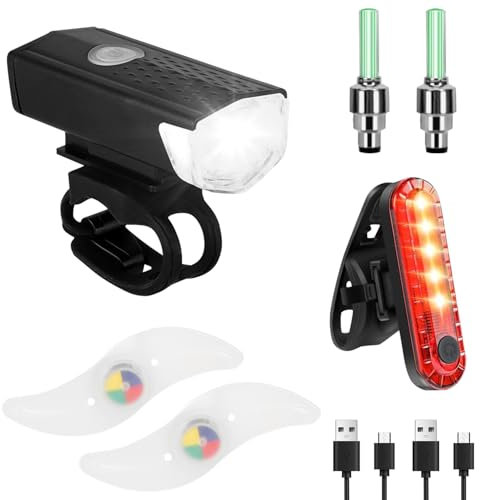 OWill Luz Bicicleta Recargable USB, Luces Bicicleta Delantera y Trasera, 2 Luces de Válvula, 2 Luces de Radios, Luces IP65 Impermeables para Ciclismo de Montaña y Carretera