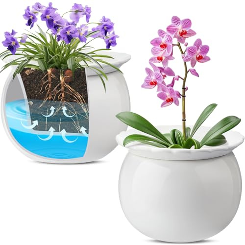 Suclain 2 Pcs African Violet Pots, 6.5 Inch Self Watering Pots for Indoor Flowers and Plants Ceramic Easy Self Watering Plant Pot with Highly Absorbent Inner Planter Pot for Tropical Plants(White)