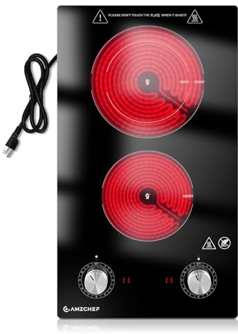AMZCHEF 12Inch 2 Burner Electric Cooktop, 1800W/11Levels 2 Burners Stove Top With Knob Control Countertop & Built-in Radiant Electric Stove with Residual Heat Indicator
