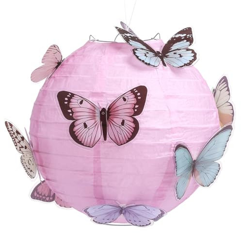LIHAO 20cm Papier Lampion Lampenschirm mit Schmetterling Rund Laterne Classic Bamboo Style Gerippter Lampenschirm Deko für Party Garten Hochzeit Dekoration (Pink)