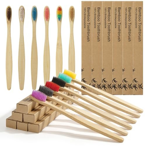 Vicloon Bambus Zahnbürsten, 12 Stück Umweltfreundliche Zahnbürste Weiche Borsten, Bamboo Toothbrush, Natrliches Holzzahnbrste für Kinder, Bioabbaubare, BPA Frei, Plastikfrei-Mehrfarbig