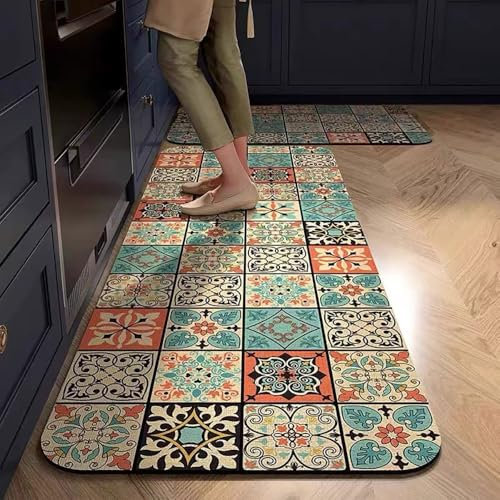 Hixingo Tapis Cuisine Antidérapant, Absorbant Diatomite Tapis de Cuisine - Motif de Carreaux Rétro, Tapis Cuisine Devant Evier Lavable Tapis de Bain Tapis Vaisselle Tapis Douche (Rétro B,50x120cm)