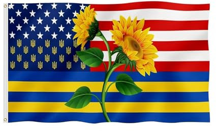 Skyrabbiter Ukraine-USA Freundschaftsflagge, 150 x 90 cm, Doppelseitig, Sonnenblumen-Design, Ukrainische Nationalflaggen für 2025 Fußball EM WM Eurovision Olympische Nationaltag Party Bar Deko (A)