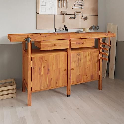 Werkbank mit Schubladen und Schraubstöcken - Arbeitstisch - Hobelbank - Werkzeugbank für Garage, Werkstatt und Schuppen, 162 x 62 x 83 cm, Akazienholz