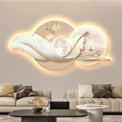 Feder-Wandkunst mit LED-Lichtern – 3D-Plume Wandbehang Skulptur für moderne Schlafzimmer- und Wohnzimmerdekoration – Steckernetzteil im Lieferumfang enthalten