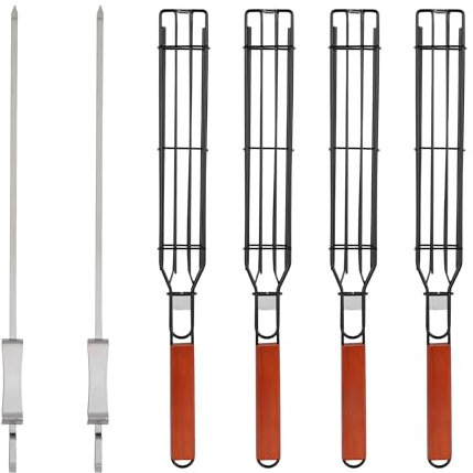 IRSTBL – Kebab Grill Basket Set – 4 Non-Stick BBQ Baskets with Wooden Handles & 2 Steel Skewers – Reusable Grilling Tools for Meat, Veg, Fish – 43cm