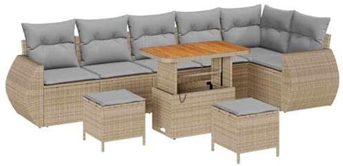 vidaXL 9-teiliges Garten-Sofa-Set mit Kissen in Beige aus Poly-Rattan und Akazie | Bequeme Moderne Outdoor-Couch im modularen Design für 6 Personen, ideal für Balkone und Terrassen.