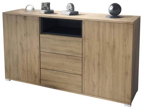 Vladon Skadu V2 Sideboard, Kommode mit 2 Türen, 3 Schubladen und 1 offenem Fach, Eiche Evoke/Schwarz Hochglanz (138,5 x 75,5 x 35 cm)