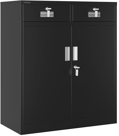 Atahome Metal Cabinet Storage Cupboard Lockable Steel Cabinet Locking Doors, 2 Drawers & Adjustable Shelf – Home, Office, Garage, Kitchen, Pantry 92 x 80 x 40 cm (H x W x D) Smyrna (Smyrna, Black)